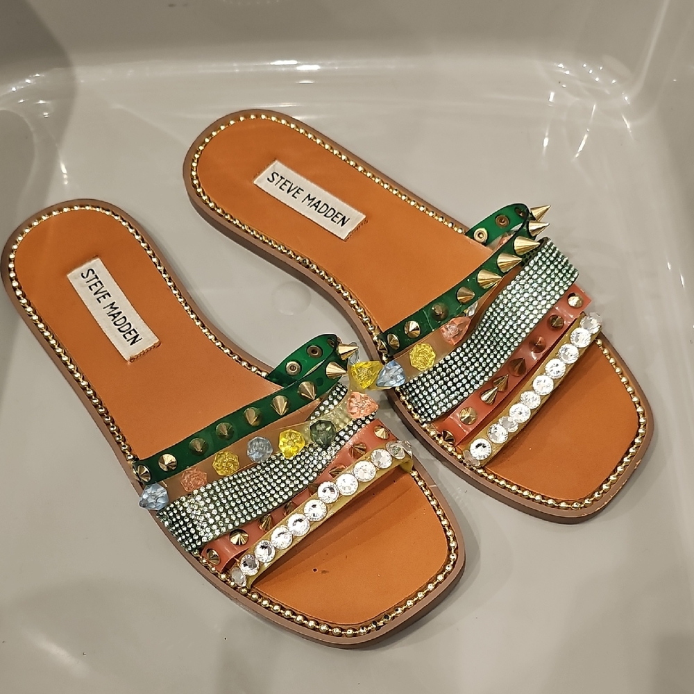 Steve Madden Women's Embellished Sandals Green Leandra Gold SZ 8.5 M